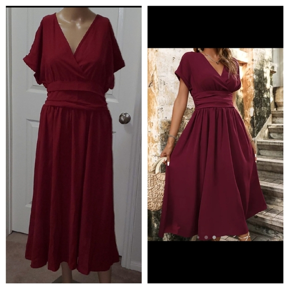 GOMORN l flowy chiffon burgandy midi slip on smock waist surplice batwing sleeve - Picture 1 of 13